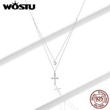

WOSTU Sterling Silver 925 Cross with Heart Plated platinum CZ Pendant Necklace for Women Chain Necklaces Jewelry BNN197