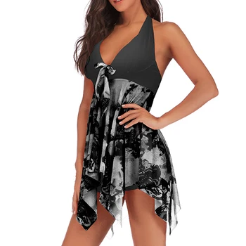 

Plus Size 5XL Women Print 1Pcs Swimwears Halter 2020 Summer Beach Dress Bikini Set Push Up Swimsuits Backless Swimming Dresses