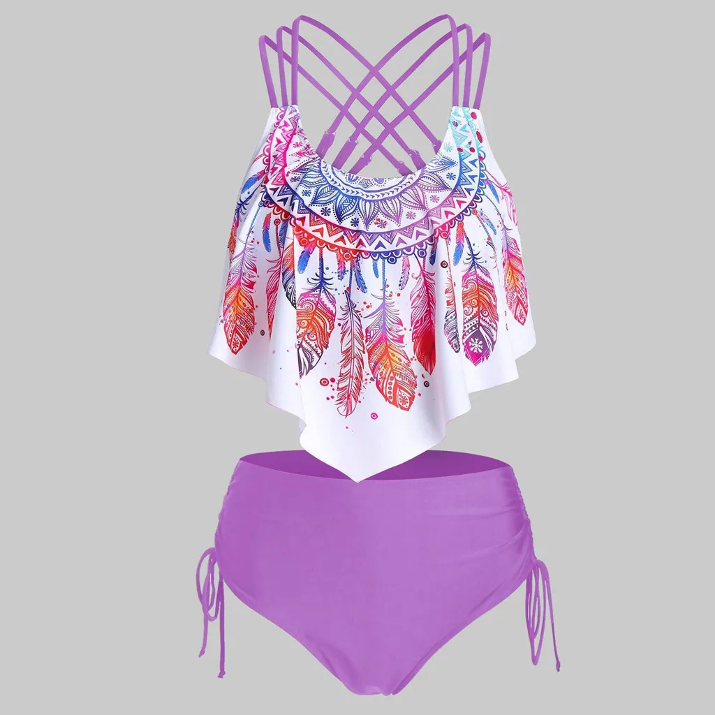 Swimwear Woman Bikini Swimsuit Feather Print Push-Up Padded Overlay Flounce Crisscross High Waist Bikini Tankini Swimwear