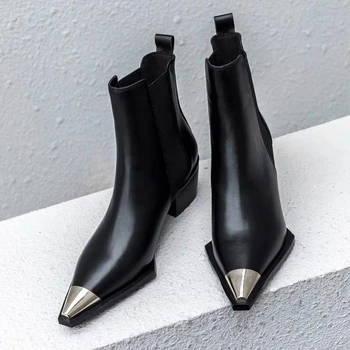 

Autumn Women's Boots Pointed Chelsea Booties Leather Martin Boots Thick Heel