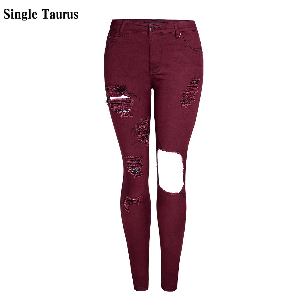 Pantalones Vaqueros rasgados de color rojo Mujer, ajustados con agujeros, ropa de calle para Mujer|Pantalones vaqueros| AliExpress