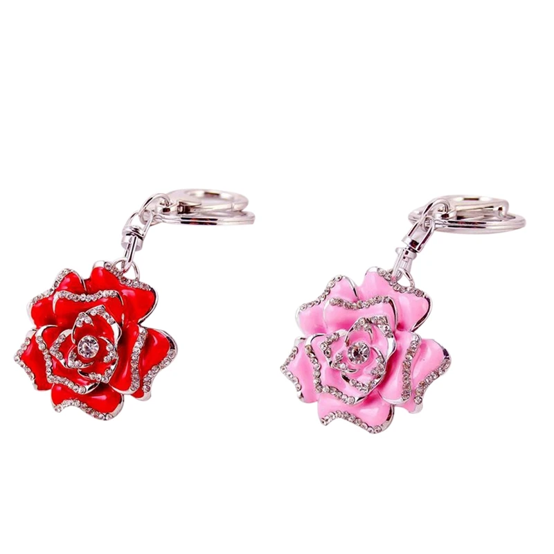 

2Pcs Rose Shape Crystal Keychain Key Chain Sparkling Key Ring Charm Purse Pendant Handbag Bag Decoration Holiday Gift(Pink&Red)