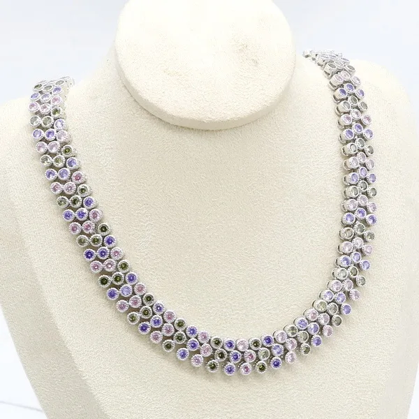 Разноцветные циркония 925 серебряные ювелирные наборы для женщин ожерелье серьги набор свадебный подарок на день рождения - Окраска металла: Necklace
