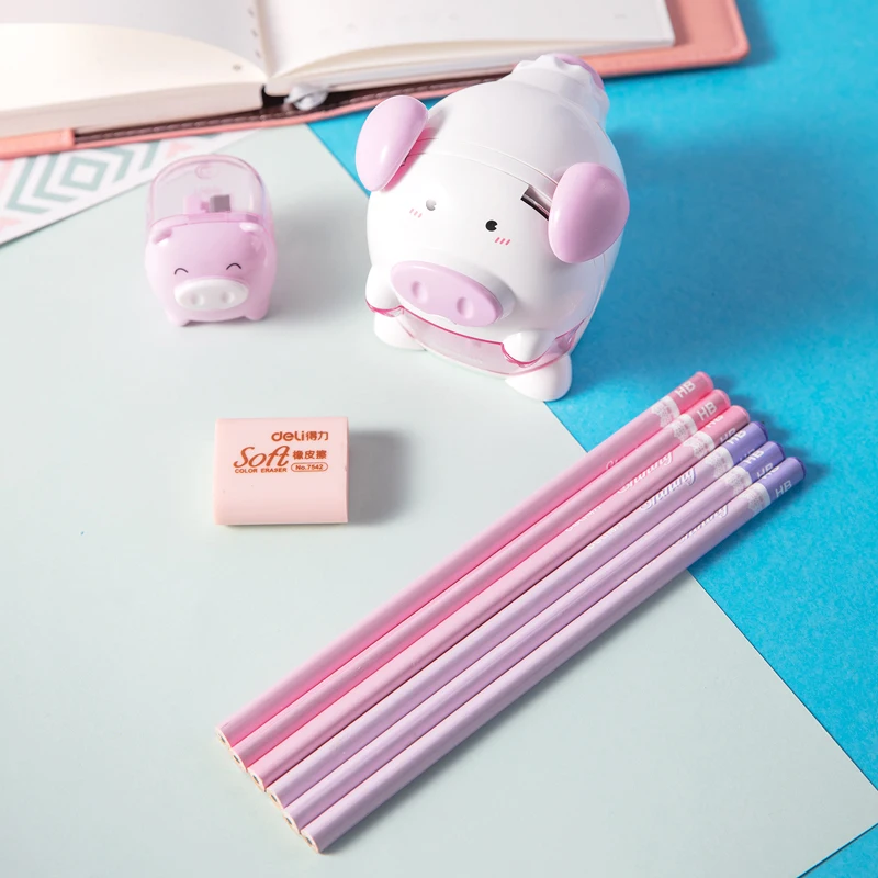 Канцелярский набор Deli Pig Animal для школьников, 2 точилки для карандашей+ 6 карандашей+ ластик, набор из 9 предметов, розовый и синий, 68900
