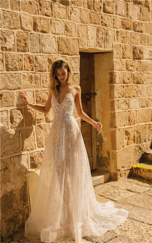 Новое пляжное свадебное платье Berta A Line красивые свадебные платья с открытой спиной и кружевом современные Vestido de noiva - Цвет: same as picture
