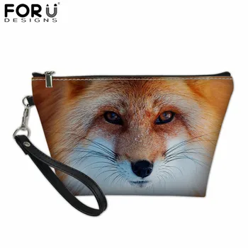 

FORUDESIGNS Leather Travel Cosmetic Bag Women Fox Print Bag Organizer Makeup Pouch for Men's Small Vanity Case Handbag Customize