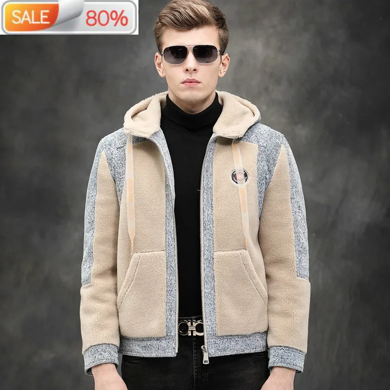 

Real Coat Men Autumn Winter Sheep Shearing Wool Coats Denim Jacket Hooded Fashions Men's Fur Jackets WB19055 B23124