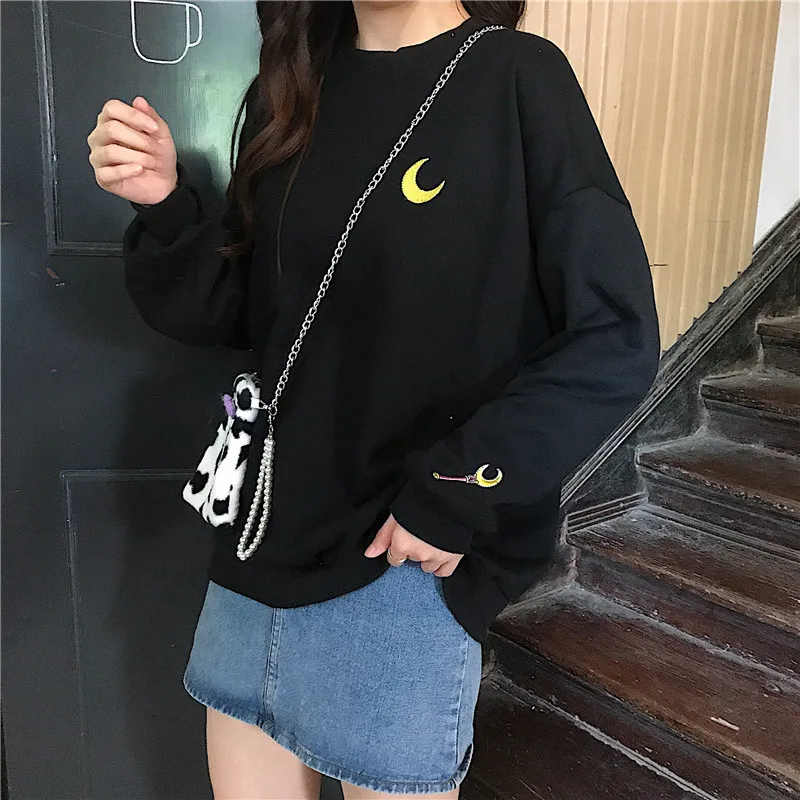 Black Sweatshirt Kawaii Женский свитшот Харадзюку корейский Ins милый мультфильм вышивка длинный рукав свободный пуловер модная повседневная Милая кофта девушка - Цвет: Black Sweatshirt