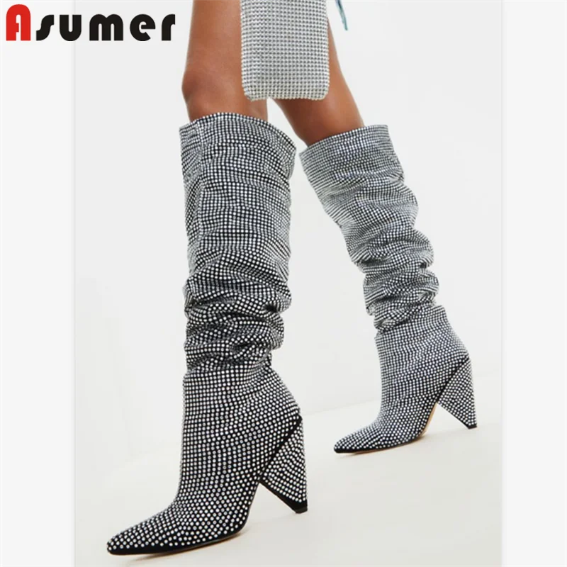 ASUMER/ г.; большой размер 43; сапоги до колена; женские Уникальные вечерние и свадебные туфли на высоком каблуке со стразами; женские ботинки осень-зима
