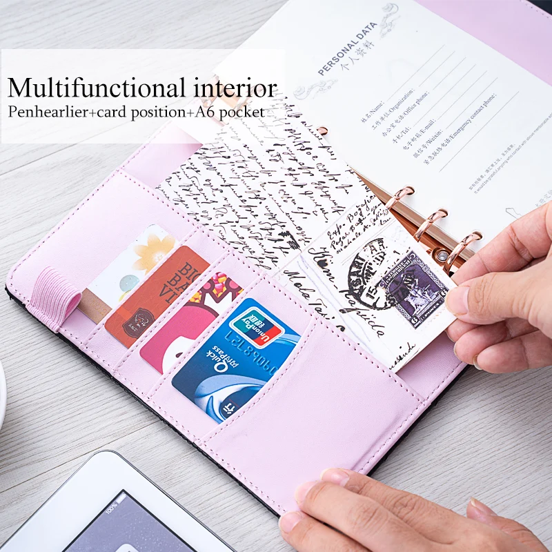 Planejador Acolchoado Preto de Folhas Soltas de Couro pu Ring Binder Journal Material de Escritório Moda Luxuosa Sair do Estilo a6 a5 - Imagem 4