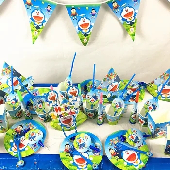 

kat Doraemon Theme Party Decoration Disposable Tableware Paper Cup Plate Hat Cake Flag Baby Shower Kids Birthday Party Supplies