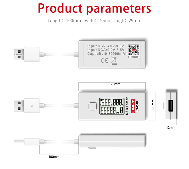 UNI T UT658B USB тестер телефон компьютер зарядка Напряжение Ток энергии монитор ЖК-дисплей подсветка зарядное устройство Емкость тестер мощности