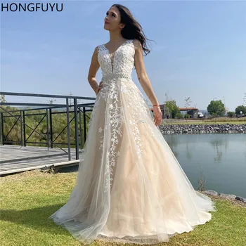 

HONGFUYU Lace Sheer Deep V Neck Evening Prom Dresses 2020 vestidos de fiesta Tulle Beaded Belt Formal Party Gowns with Appliques