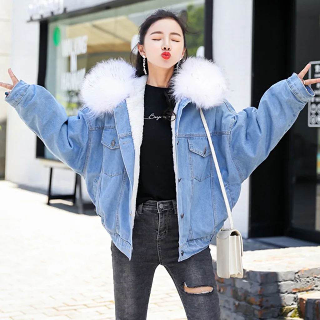 Куртки для женщин, женское белое джинсовое пальто, воротник из искусственного меха, зимние куртки с длинными рукавами для девочек, милые женские свободные теплые супер пальто#20
