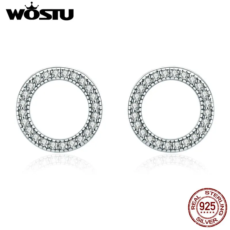 WOSTU, 925 пробы, серебряные, простой дизайн, Круглый Круг, серьги-гвоздики для женщин, блестящие, CZ, для свадьбы, помолвки, серебряные ювелирные изделия CQE417