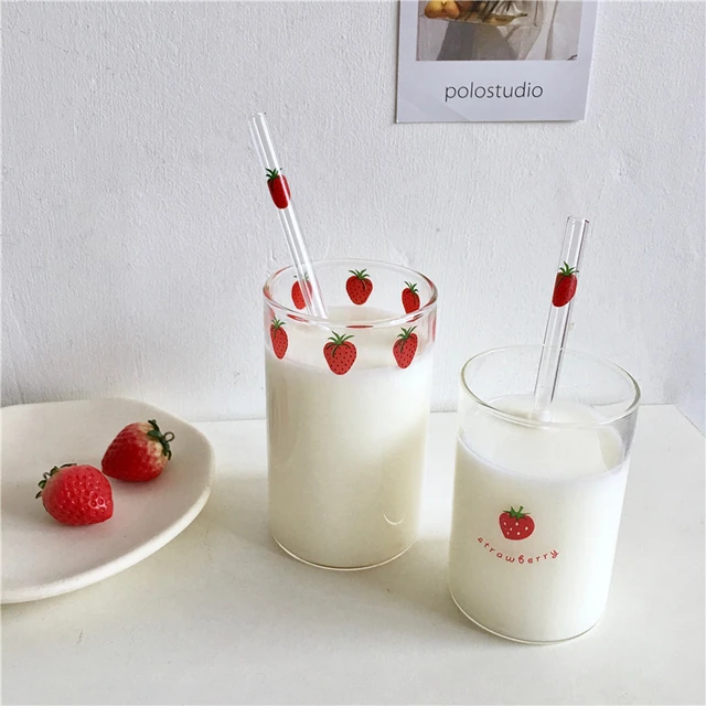 300ml Strawberry Cute Glass Cup With Straw Creative Transparent Water Cup  Student Milk Heat Resistant Glass Nana - AliExpress