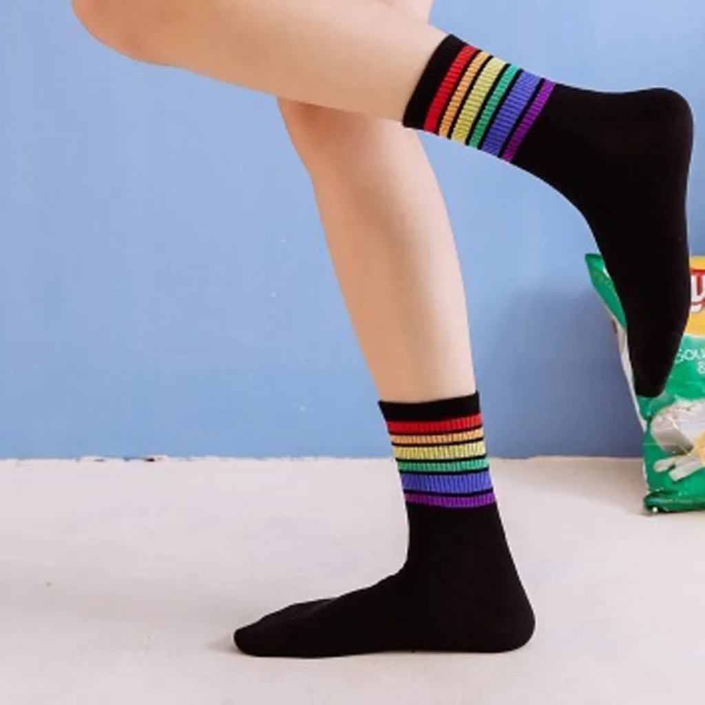 2 pairs of lovers wild rainbow striped cotton socks loaded deodorant sweat-absorbent warm casual sports office autumn winter new