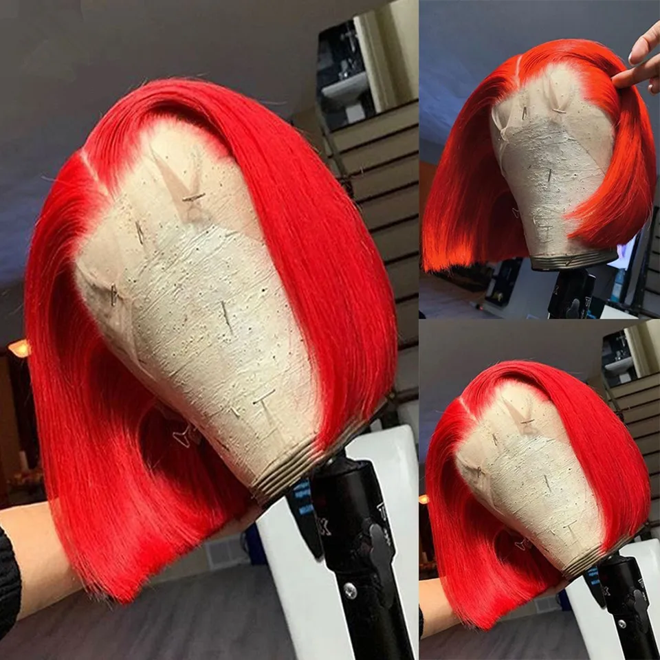 Парики Red Bob на сетке спереди Короткие парики красные человеческие волосы для