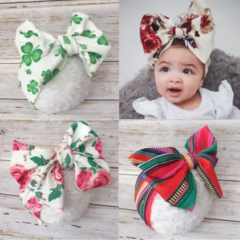 

2019 Fashion Trend Toddler Kids Girls Baby Turban Big Knotted Bow Hat Cap Colorful Print Headwear Beanies Winter Warmers