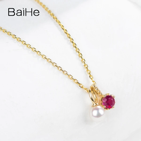 BAIHE Solid 18K желтое золото около 0.15ct Сертифицированный круглый вырез натуральный рубин для женщин Свадебные ювелирные изделия подарок ожерелья