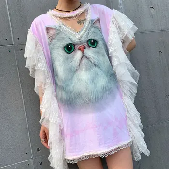 

Kawaii Cat Print Mini Dresses Mesh Spliced 2020 New Summer Short Sleeve Hollow Out Kpop Big Size Dress Women Fashion LT489S30