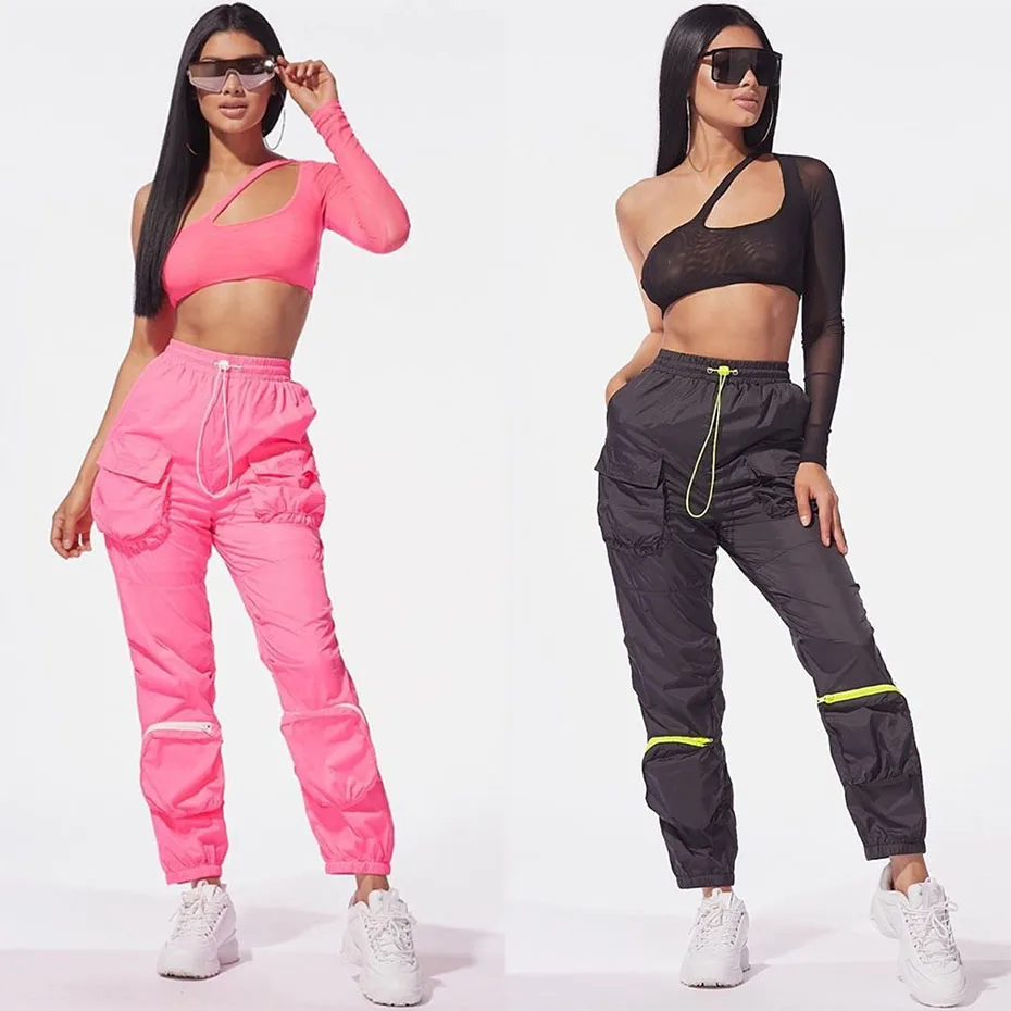 HAOYUAN Two Piece Set Women Mesh One Shoulder Long Sleeve Crop Top Sweat Pant Streetwear 2 Piece Outfits Tracksuit Matching Sets