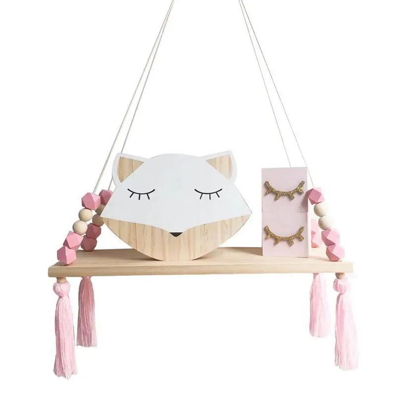 Wooden Wall shelf Hanging Tassel Children baby Nordic Style Wall Frame pink