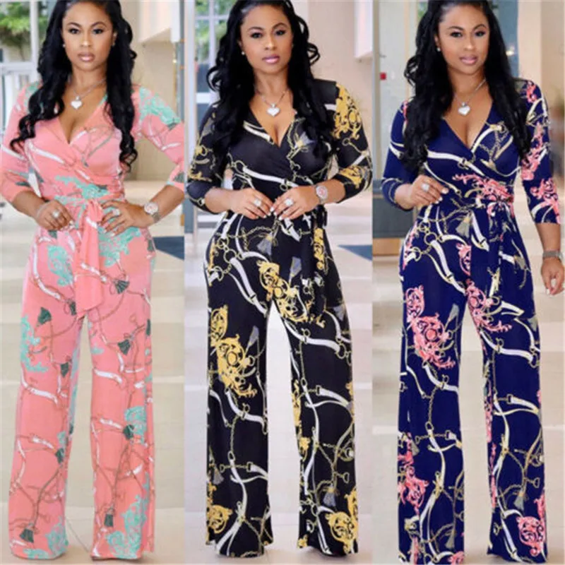 V-neck Chain Print Half Sleeve OL Women Jumpsuit Rompers 2020 New High Waist Lace-up Jumpsuit Wide Leg Pants Business One-pieces V-neck Chain Print Half Sleeve OL Women Jumpsuit Rompers 2020 New High Waist Lace-up Jumpsuit Wide Leg Pants Business One-pieces