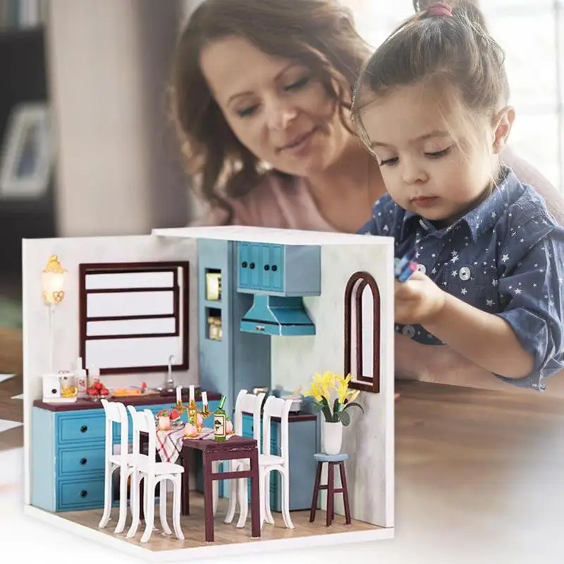Дерево DIY Мини кухня Кукольный дом собрать кукольный домик развивающие игрушки ремесло