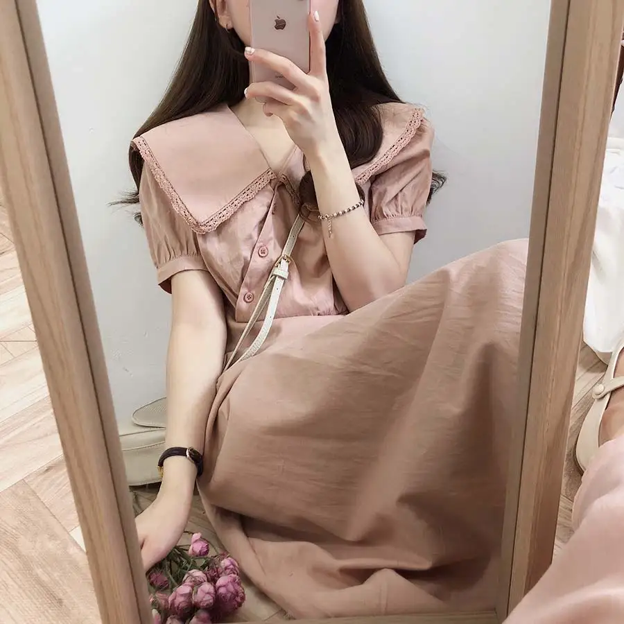 Большие размеры; новое летнее платье для девочек; Boho; вечерние однотонные розовые женские винтажные платья на пуговицах с коротким рукавом; женские платья; Robe Vestido