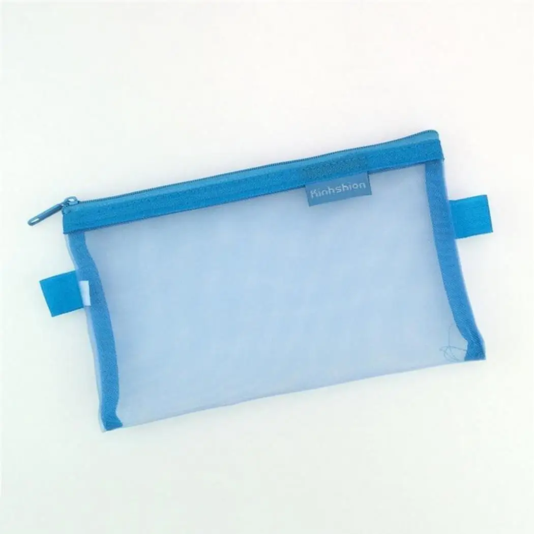 Transparent Pencil Bag Portable Student Testing File Pouch School Stationery Supplies Storage Pack Zipper Unisex Pencils Case - Color: Blue L