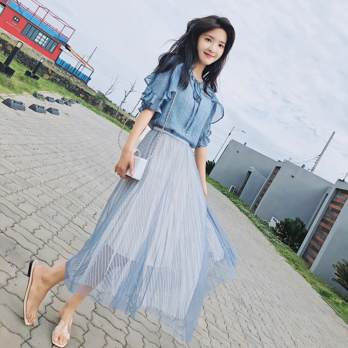 

Photo Shoot INS Platycodon Grandiflorum Sweet Lace-up Neckline Flounced Chiffon GIRL'S Shirt Multilayer Gauze A- line Skirt Set