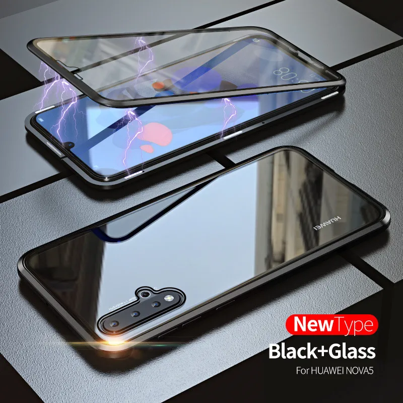 Для huawei P30 P20 mate 20 X Pro Lite Honor 9X10 20 i Note10 Play чехол 360 двусторонний чехол из закаленного стекла с магнитной адсорбцией - Цвет: Black