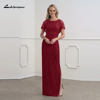 

Elegant Red Lace Side Split Short Sleeve Mother of the Bride Dresses Jewel Neck Sheath Wedding Party Gowns Floor Length Custom