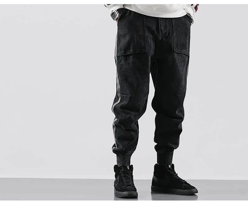Модные уличные мужские джинсы свободного кроя в полоску, дизайнерские брюки карго, шаровары, мужские джинсы в японском стиле, хип-хоп