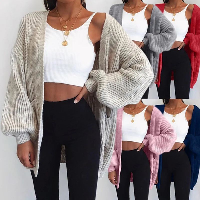 2021 new cross border women's solid color loose European and American sweater medium length cardigan ladies sweater