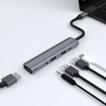 

5 in 1 USB C Hub Type C to USB 3.0 2.0 PD 3.5mm Jack HDMI Adapter for PC Splitter Port Type C HUB