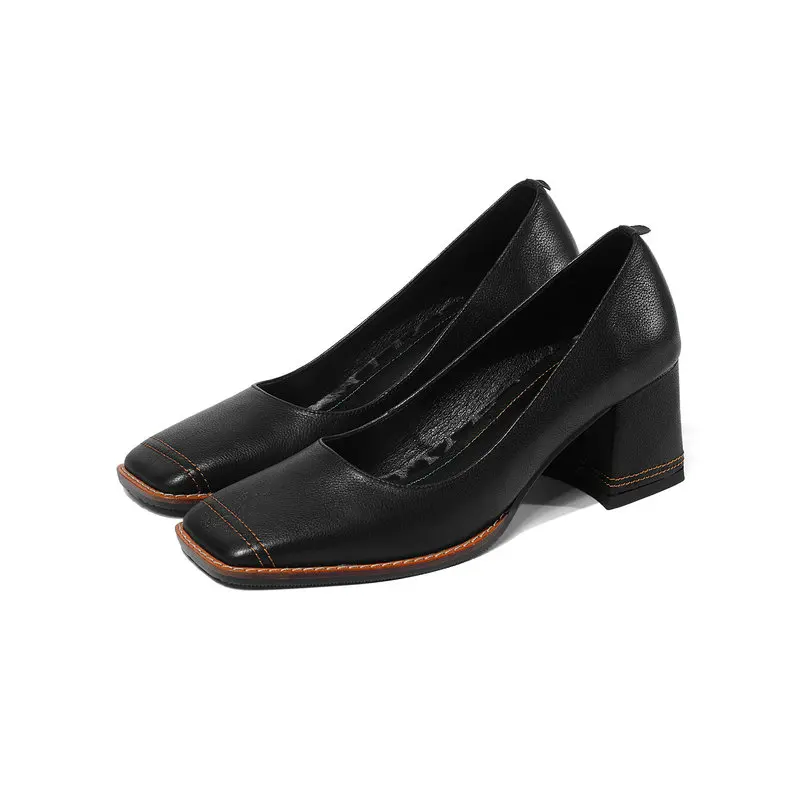 Autumn Pumps Genuine Leather square Toe Square Heel Shoes Shallow Elegant Office Women Solid Pumps - Color: Black