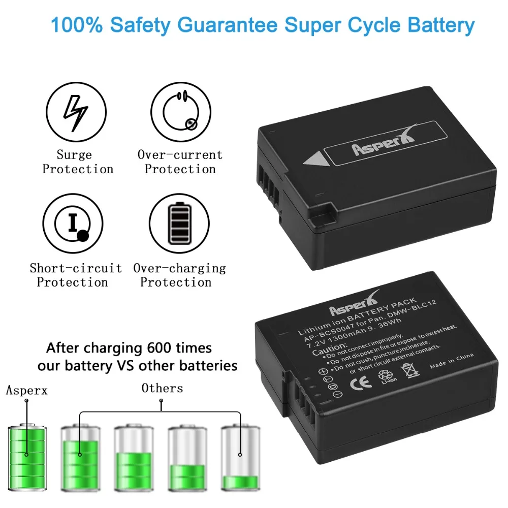 Batteria e caricabatterie per Panasonic Lumix FZ1000, FZ300, FZ200, G7, G5, G6, GX8, G85, FX1000, GH2 - DMW-BLC12E/PP 104