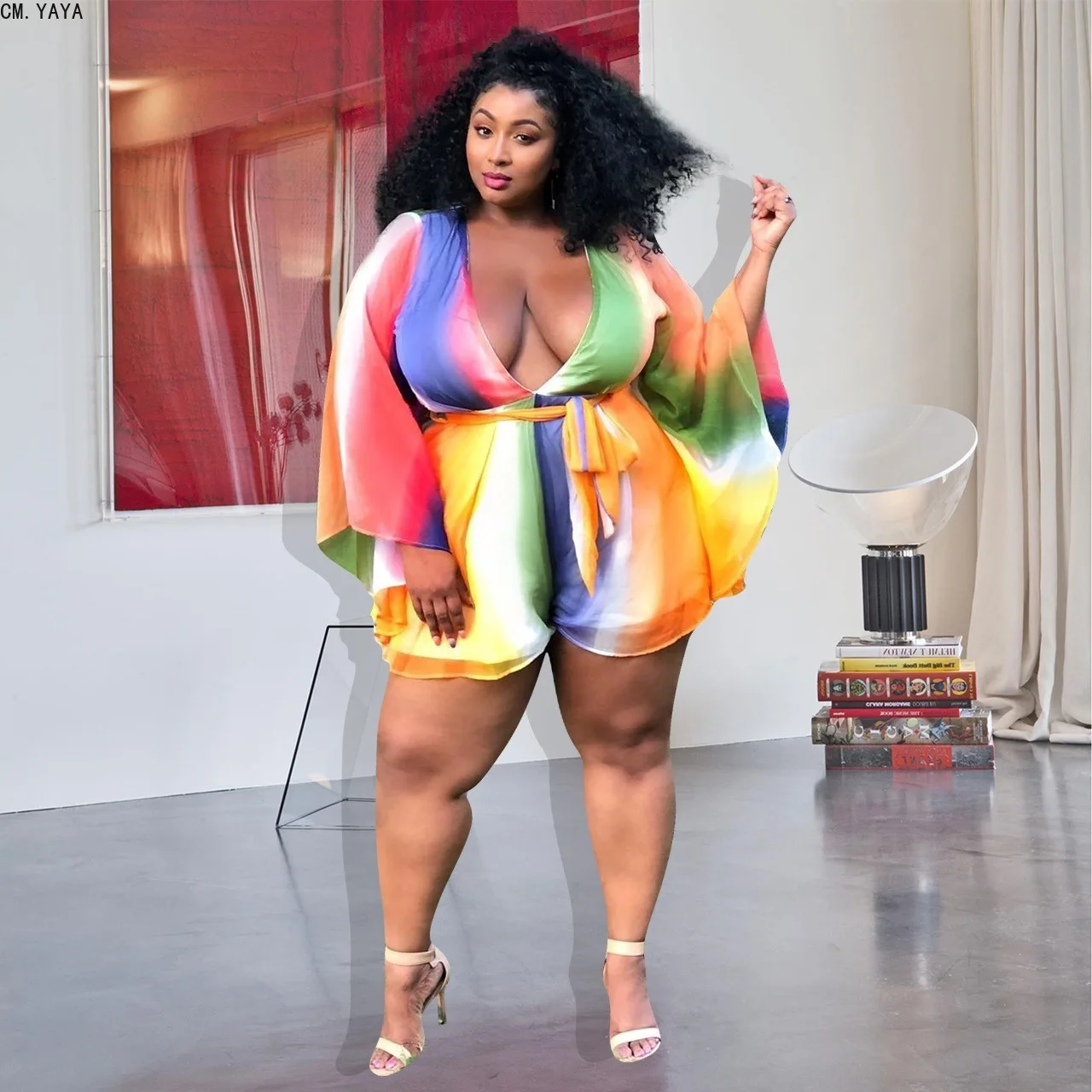 CM.YAYA Plus Size deep v Neck tie-dye Print Boho Romper Women Summer Playsuit Butterfly Sleeve Lace Up Jumpsuits CMJ5048