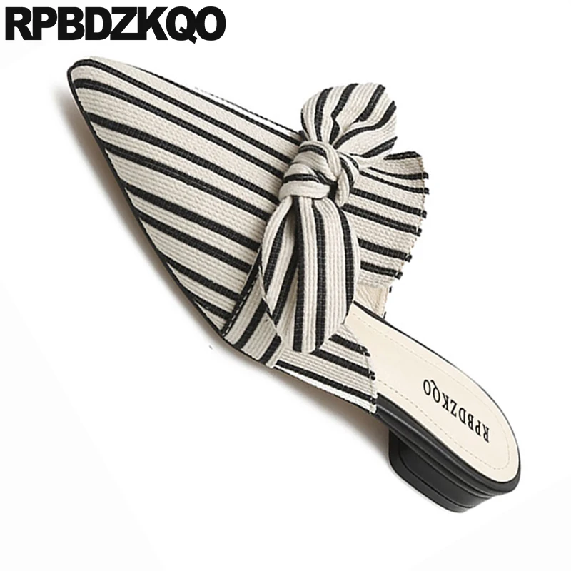 women shoes spring bow cheap bowtie black cute kawaii embellished flat slip on pointed slides sandals slippers mules ladies