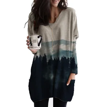 

Womens V Neck Printed Long Sleeves with Pocket Tunic T Shirt Autumn Fashion Casual Plus Size Loose Cotton Long Tops