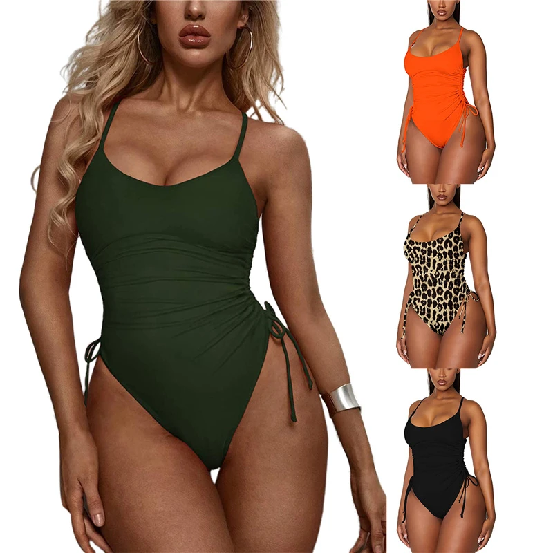 21新ビキニ女性カジュアル水着u形の襟ノースリーブプリーツワンピースアーミーグリーン オレンジ カーキ 黒水着 Body Suits Aliexpress