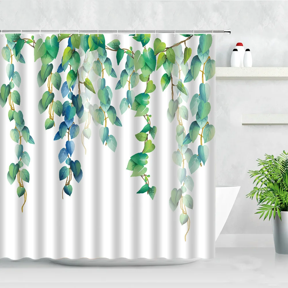 Leaves Shower Curtains Flowers Vine Green Plant Leaf Pattern White