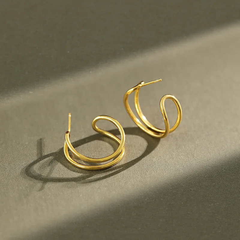 

925 Sterling Silver Double Layered Line Women's Earrings, Simple Gold Color Stud Earrings 925 Silver Earing Fine Jewelry 2020