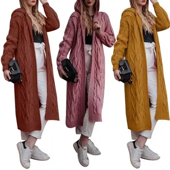 

Women Autumn Solid Color Hooded Long Twist Knit Cardigan Sweater Outwear Coat