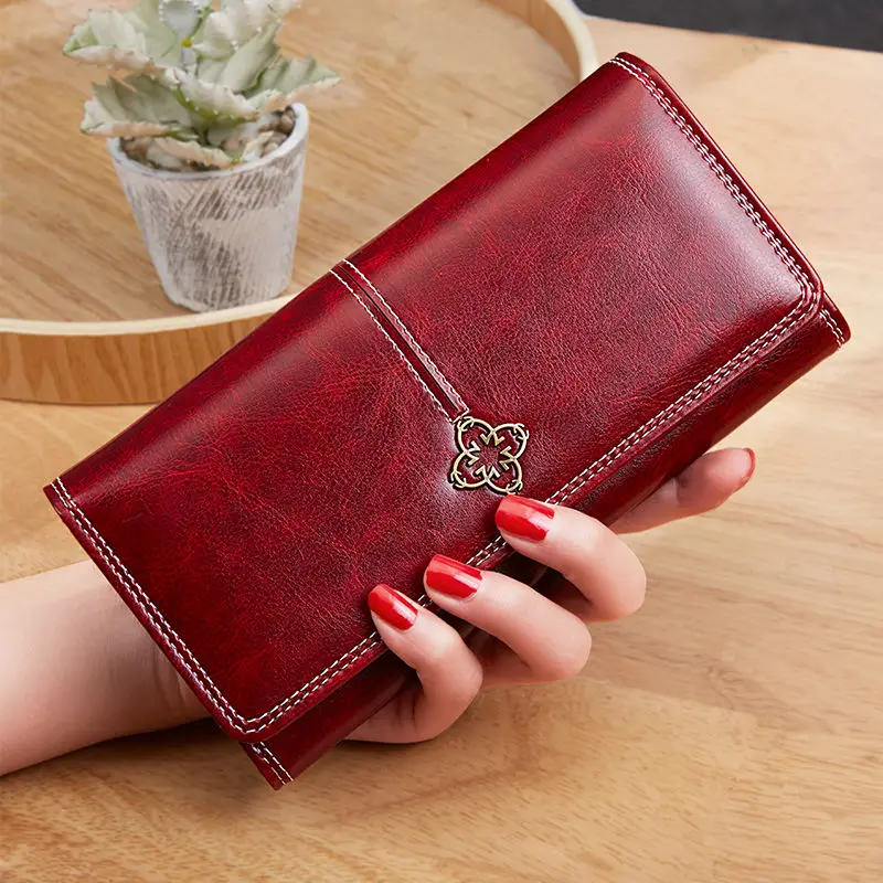 ¡Novedad de 2020! Cartera de piel de aceite de cera para mujer portfel damski bolso de mano largo de Piel de mujer cartera tarjetero cartera femenina