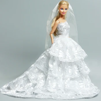 

Fashion Doll Dress for Barbie Doll Wedding Party Wear White Embroidery Flower Gown + Veli Sexy Lace Clothes Accessories Kids Toy