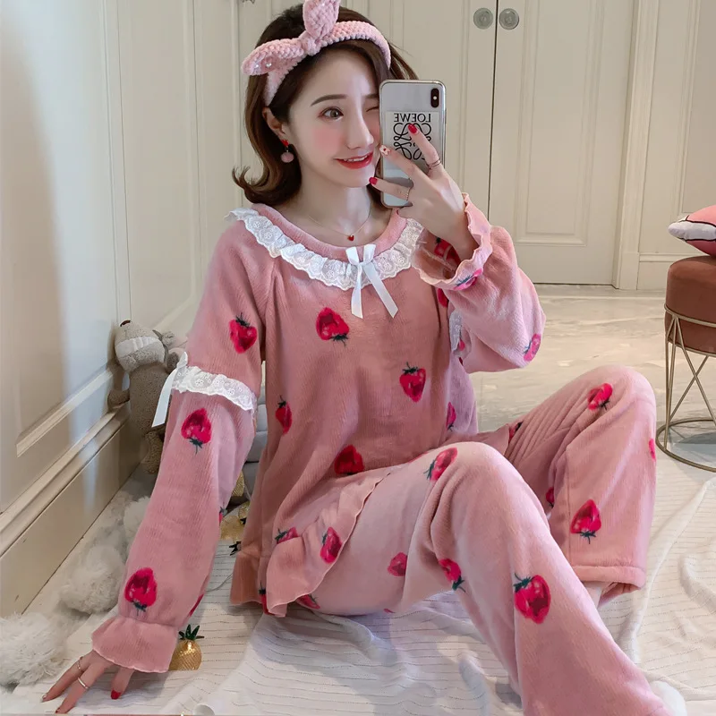

816 # Pajamas Women's Autumn & Winter Thick plus Velvet Warm Cute Princess Style Spring And Autumn Flannel Homewear Set