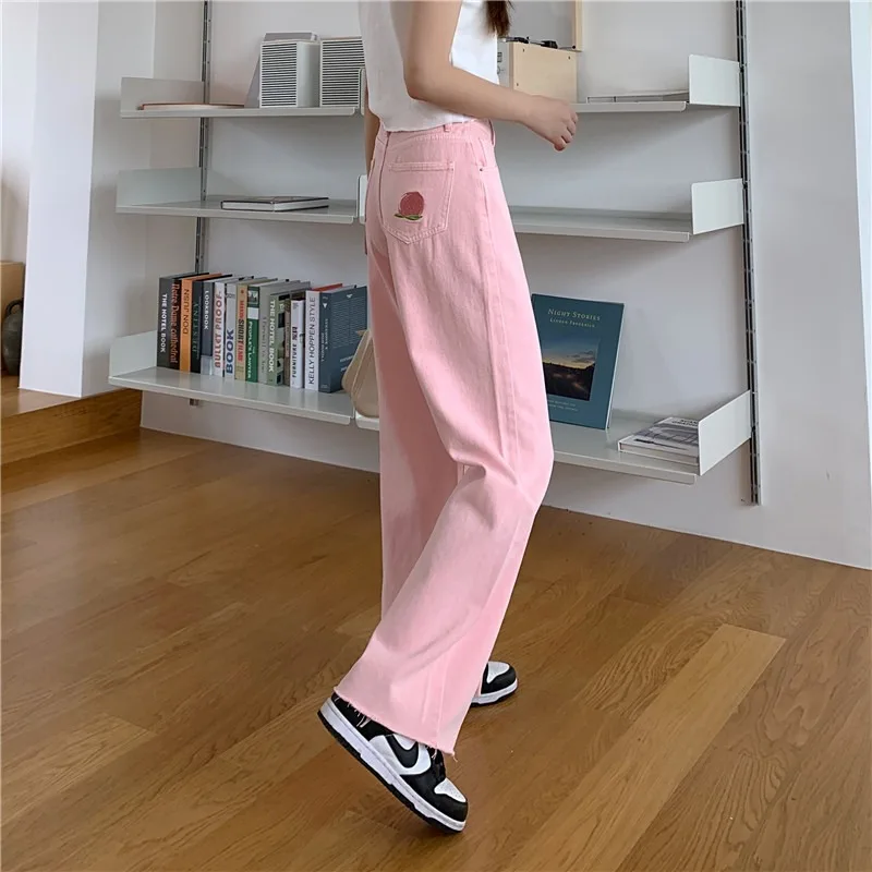 Women Pink Peach Embroidery Jeans Baggy 